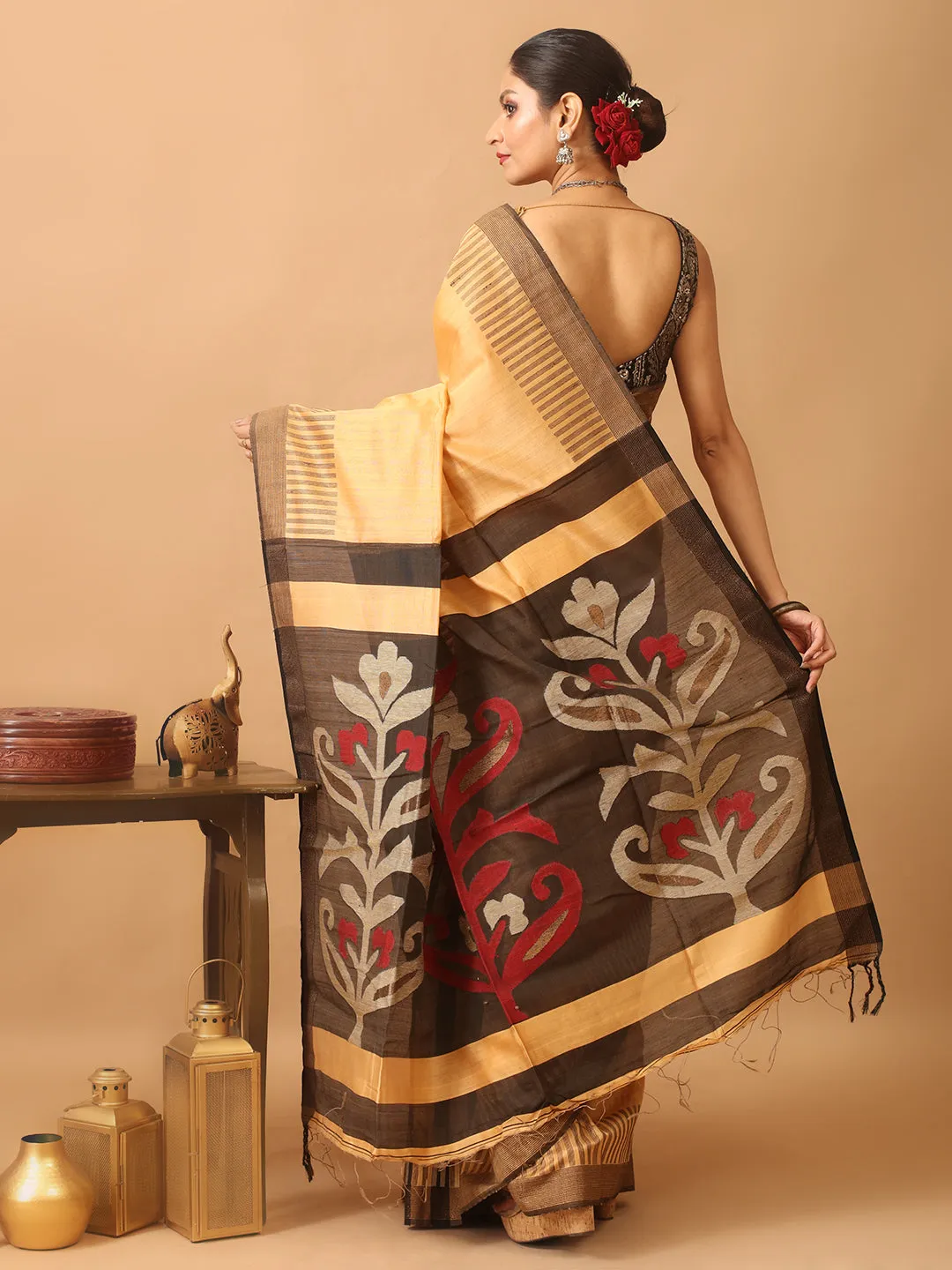 User-friendly With Cotton Colour Handloom Sandal Saree Customer-focused Bengal Pallu Jamdani Black Silk