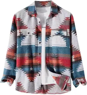 VIEWON Men's Casual Print Button Down Woolen Long Sleeve Lightweight Lapel Western Shacket Jacket Coat