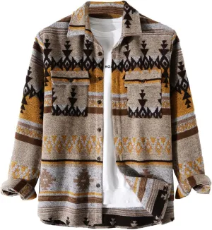 VIEWON Men's Casual Print Button Down Woolen Long Sleeve Lightweight Lapel Western Shacket Jacket Coat