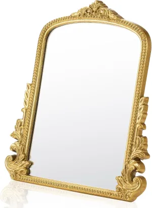 Vintage Vanity Makeup Desk Makeup Mirror Antique Gold Tabletop Mirror 11.8" x 9.6" Arch Table Mirror with Stand Vintage Room Decor for Living Room, Bedroom Dresser, Desktop