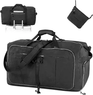 Vomgomfom 120L Foldable Nylon Travel Duffle Bag with Separate Shoe Compartment, Multiple Pockets, Thickened Base, Removable Strap & Handle,Black