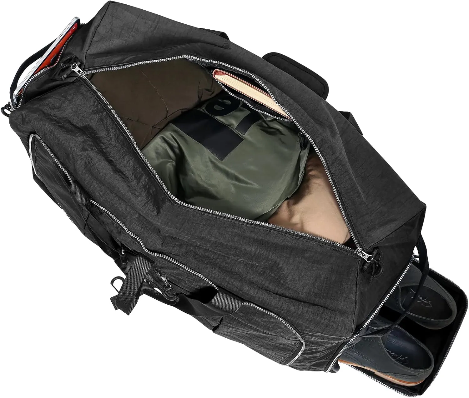 Vomgomfom 120L Foldable Nylon Travel Duffle Bag with Separate Shoe Compartment, Multiple Pockets, Thickened Base, Removable Strap & Handle,Black