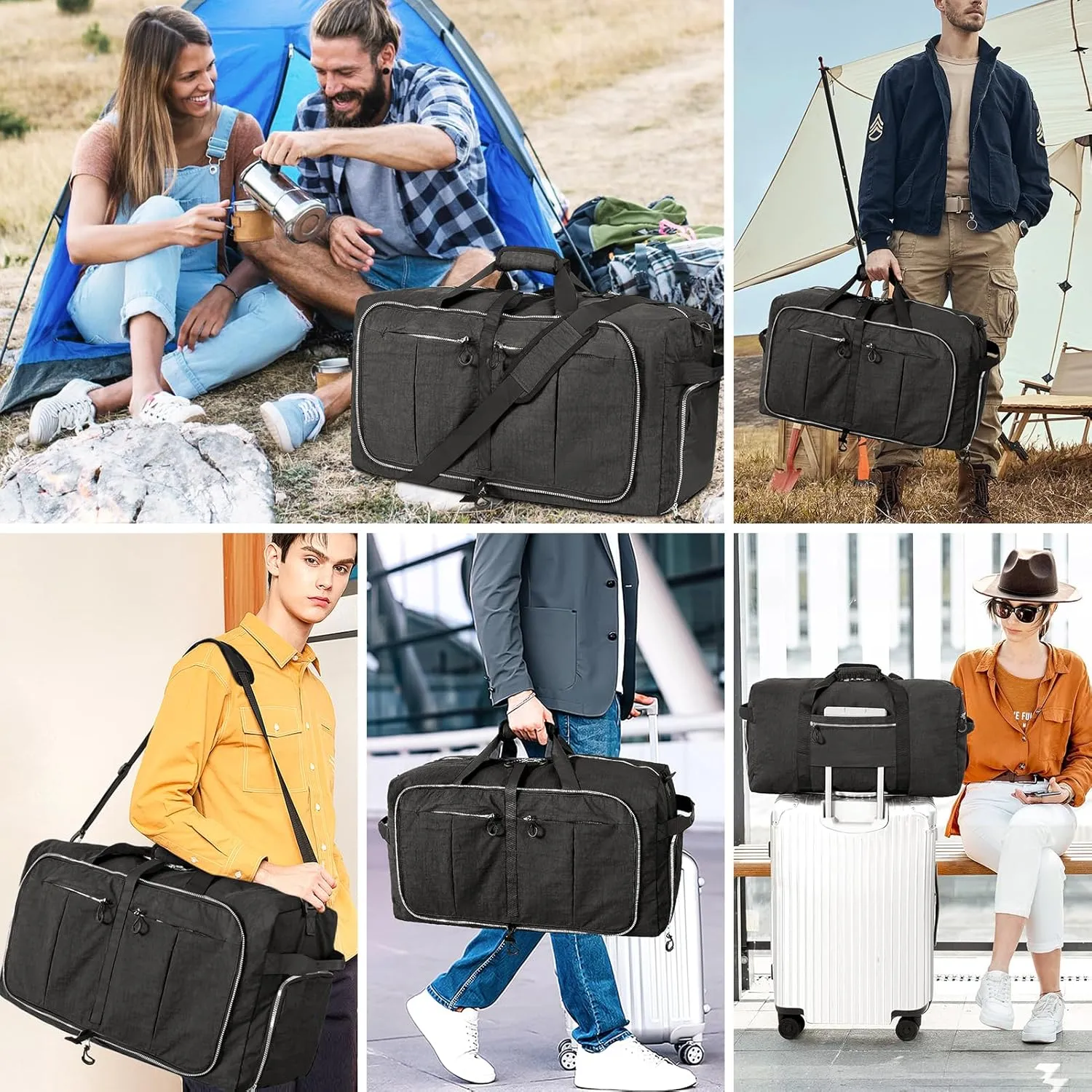 Vomgomfom 120L Foldable Nylon Travel Duffle Bag with Separate Shoe Compartment, Multiple Pockets, Thickened Base, Removable Strap & Handle,Black