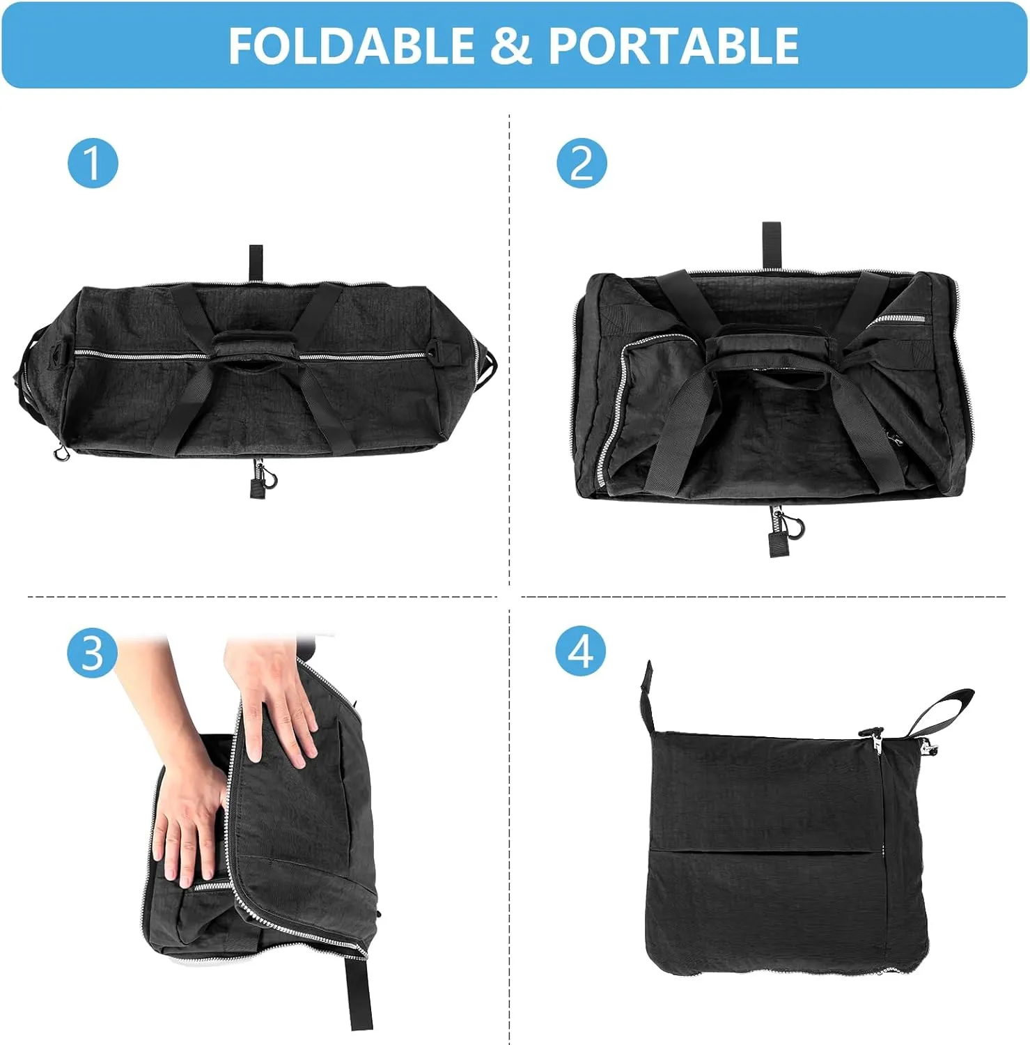 Vomgomfom 120L Foldable Nylon Travel Duffle Bag with Separate Shoe Compartment, Multiple Pockets, Thickened Base, Removable Strap & Handle,Black