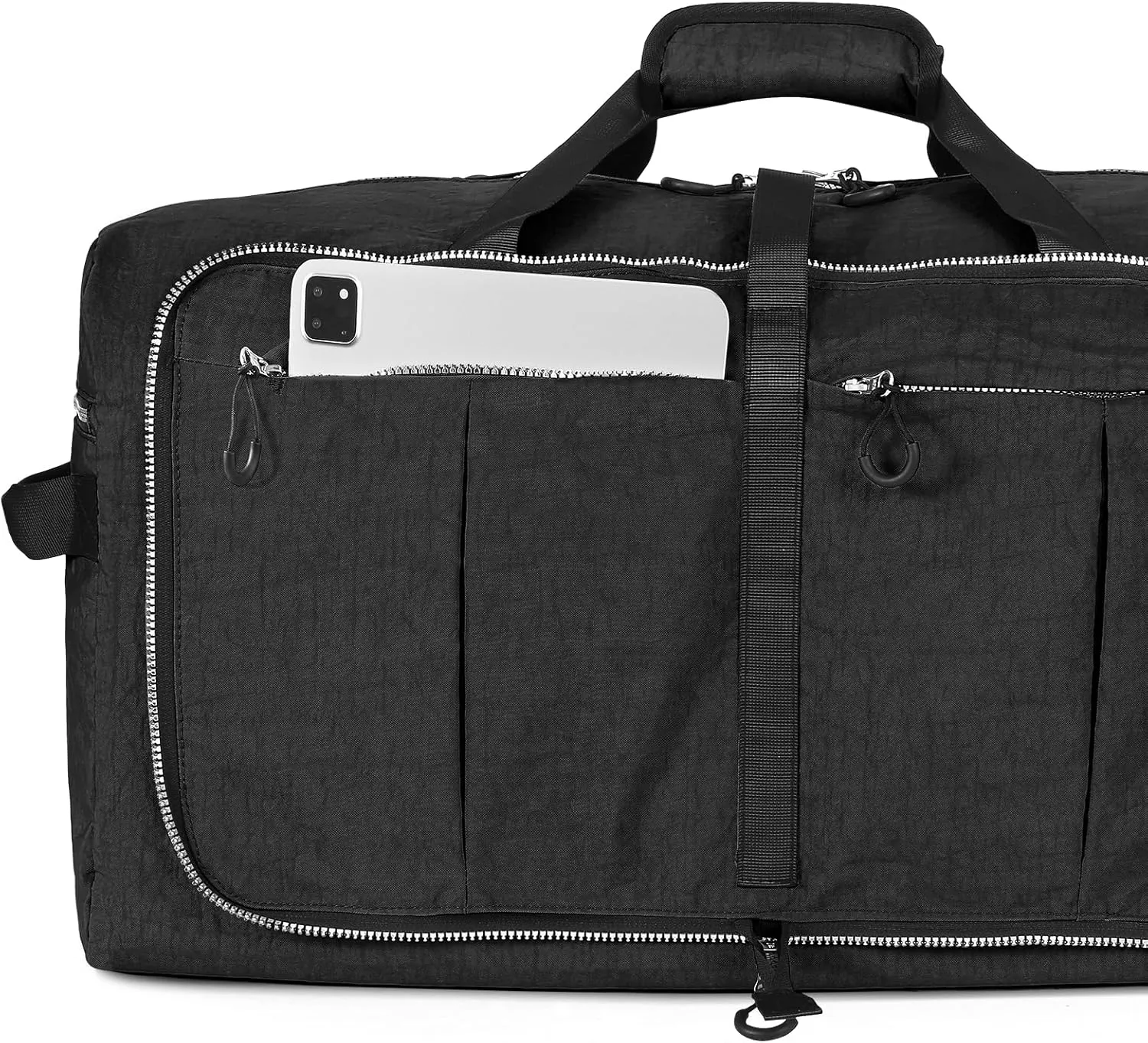 Vomgomfom 120L Foldable Nylon Travel Duffle Bag with Separate Shoe Compartment, Multiple Pockets, Thickened Base, Removable Strap & Handle,Black