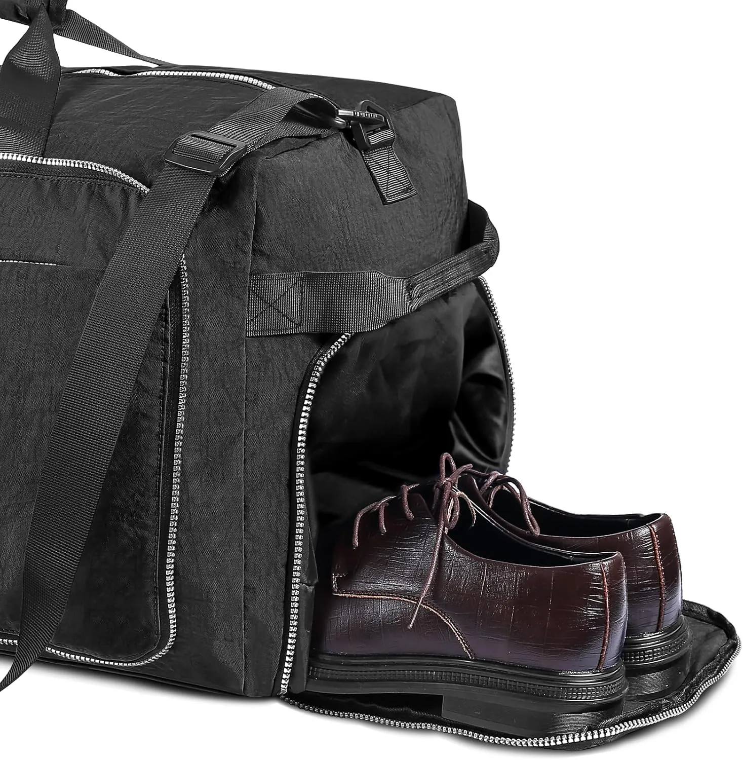 Vomgomfom 120L Foldable Nylon Travel Duffle Bag with Separate Shoe Compartment, Multiple Pockets, Thickened Base, Removable Strap & Handle,Black