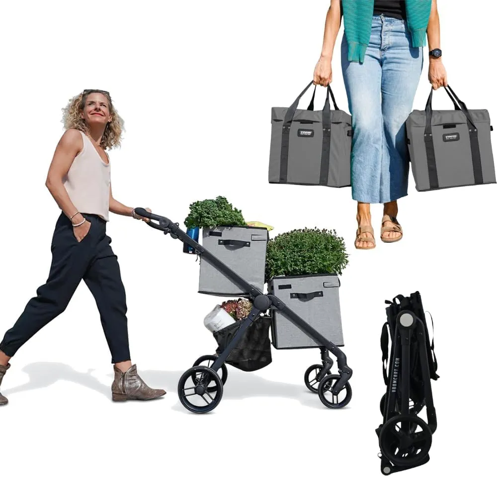 VOOMcart – Luxury Patented Foldable Personal Shopping Cart with Swivel Wheels, Ergonomic, Stylish & Lightweight, Holds Up to 70 lbs, Perfect for Market Trips, Urban Living & Compact Storage, Grey