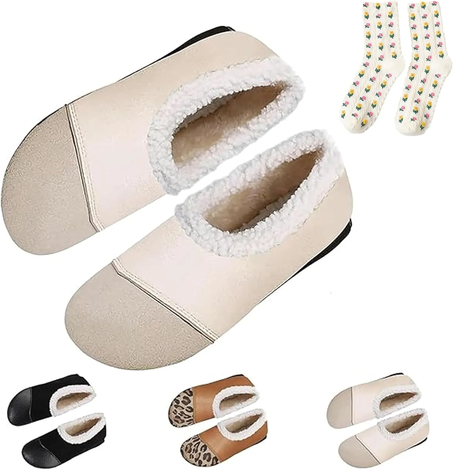 Warm and Luxurious Winter Leather Shoes for Women Soft and Comfortable Flat Slip-On Warm Casual Shoes Fuzzy Inside