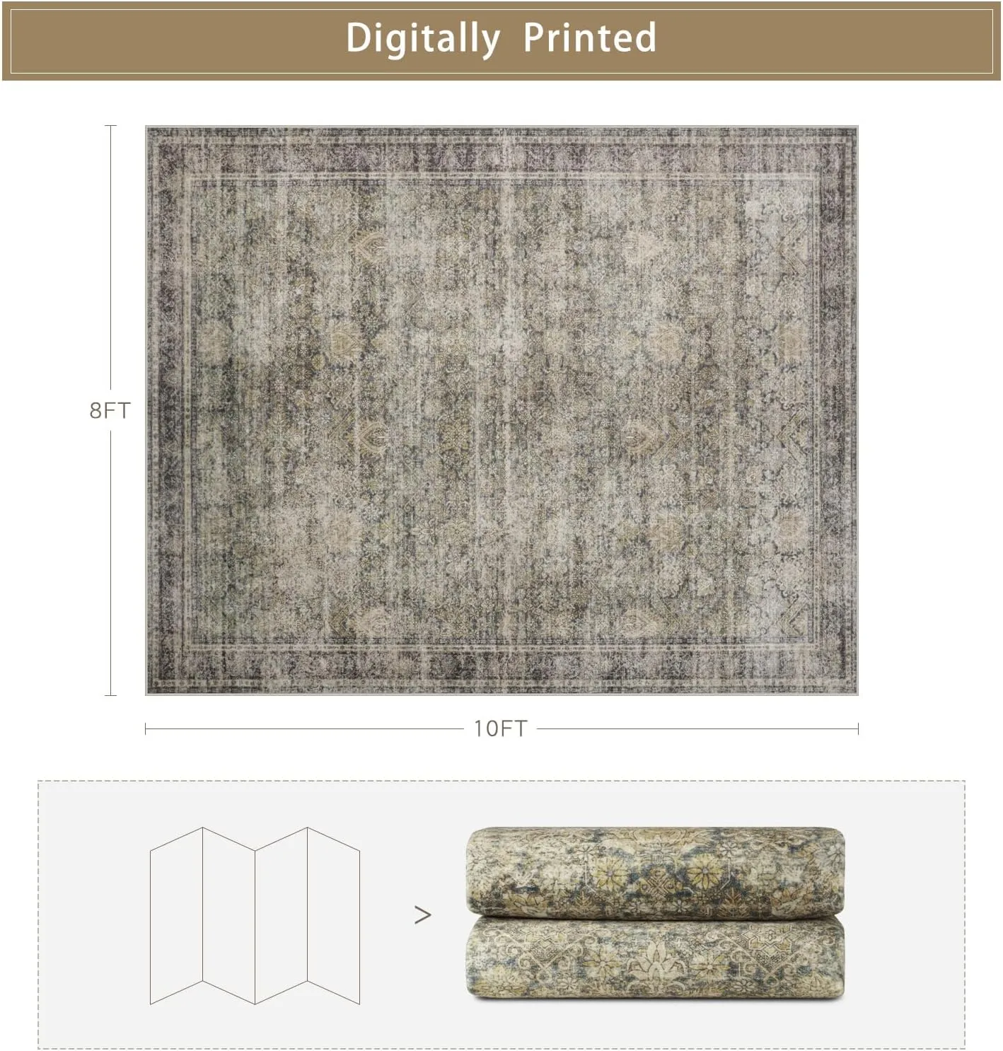 Washable Rugs 8x10 Area Rugs for Living Room,Bedroom and Dining Room-Large Ultra Soft Faux Wool Retro Carpets,Non Slip&Non-Shedding Low Pile Vintage Print Home Office Rug-Brass Green-Brown-Olive