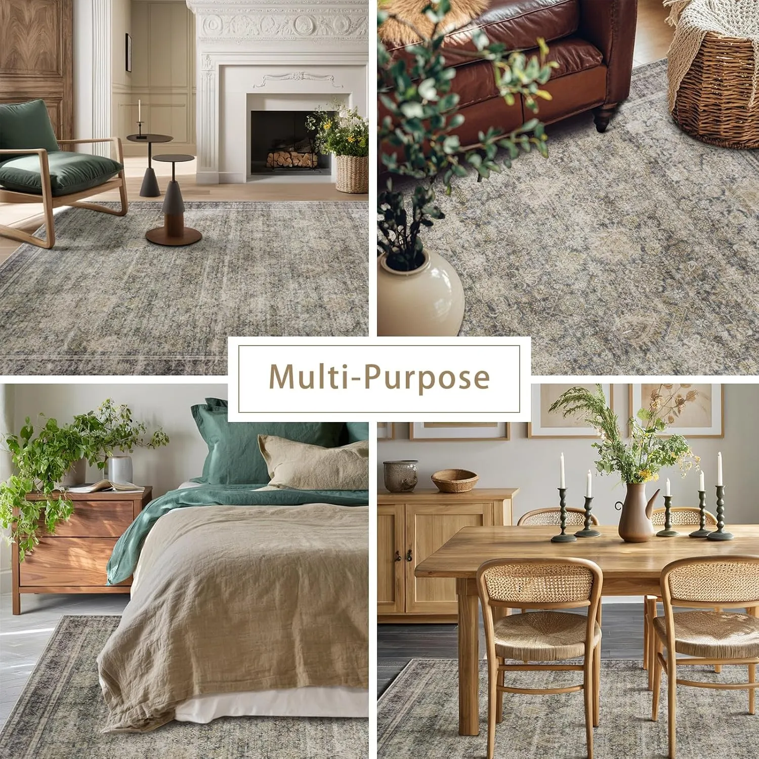 Washable Rugs 8x10 Area Rugs for Living Room,Bedroom and Dining Room-Large Ultra Soft Faux Wool Retro Carpets,Non Slip&Non-Shedding Low Pile Vintage Print Home Office Rug-Brass Green-Brown-Olive