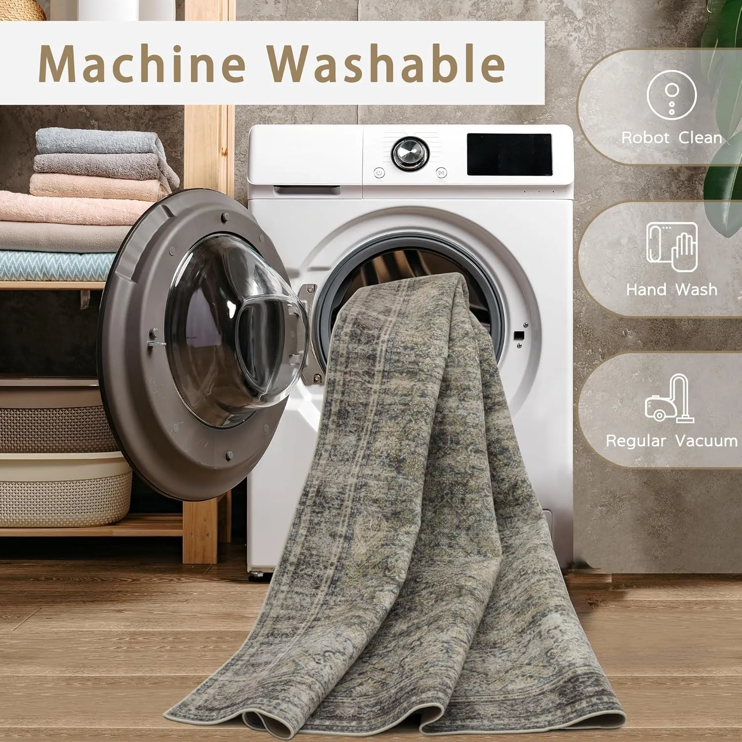 Washable Rugs 8x10 Area Rugs for Living Room,Bedroom and Dining Room-Large Ultra Soft Faux Wool Retro Carpets,Non Slip&Non-Shedding Low Pile Vintage Print Home Office Rug-Brass Green-Brown-Olive
