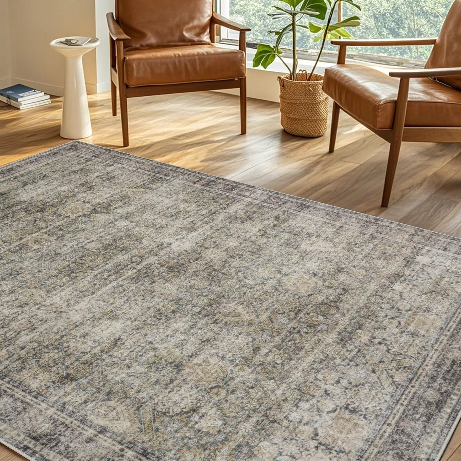 Washable Rugs 8x10 Area Rugs for Living Room,Bedroom and Dining Room-Large Ultra Soft Faux Wool Retro Carpets,Non Slip&Non-Shedding Low Pile Vintage Print Home Office Rug-Brass Green-Brown-Olive