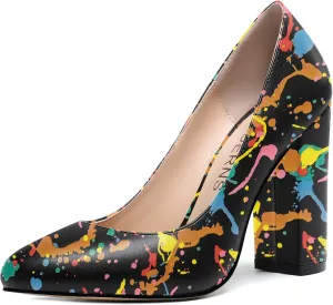WAYDERNS Womens Round Toe Slip On Matte Dress Party Block High Heel Pumps Shoes 4 Inch