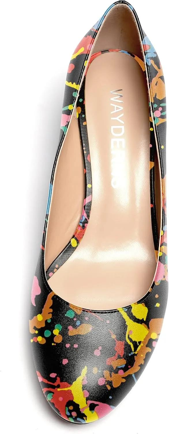 WAYDERNS Womens Round Toe Slip On Matte Dress Party Block High Heel Pumps Shoes 4 Inch