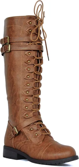 WEST COAST Women's Knee High Riding Boots Lace Up Buckles Winter Combat Boots