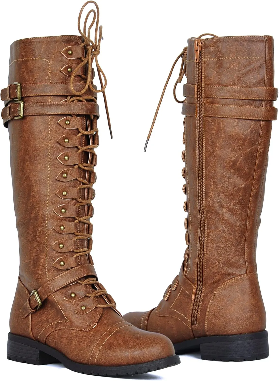 WEST COAST Women's Knee High Riding Boots Lace Up Buckles Winter Combat Boots