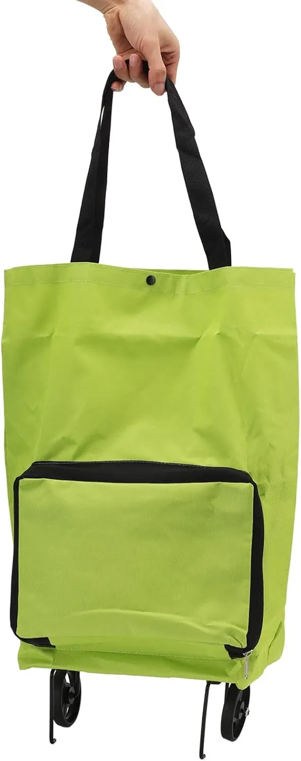 Wheeled Shopping Bag Large Capacity Foldable Fabric Shopping Cart for Family Grocery Canvas (Green)