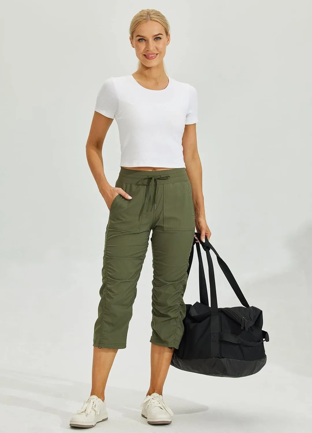 Willit Women's Quick-Dry Capris Hiking Travel Pants Striped Woven Workout Pants with Pockets Lightweight
