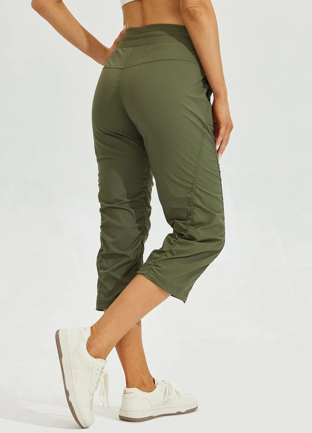 Willit Women's Quick-Dry Capris Hiking Travel Pants Striped Woven Workout Pants with Pockets Lightweight