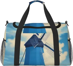 Windmill Blue Print Travel Duffel Bag for Men & Women, Foldable Travel Bags and Spacious Weekender Tote Bag for Storage Toiletry Luggage Personal Item