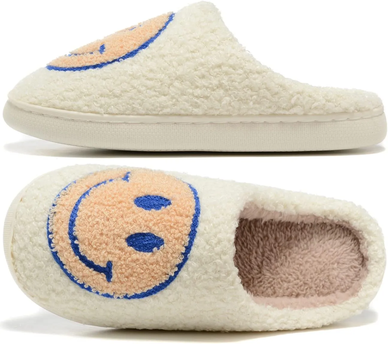 Women Men Retro Fuzzy Face Slippers Retro Soft Fluffy Warm Home Non-Slip Couple Style Casual Happy Face Slippers Soft Memory Foam Fuzzy Slides Indoor Outdoor Anti-Skid Warm Cozy Foam Slide