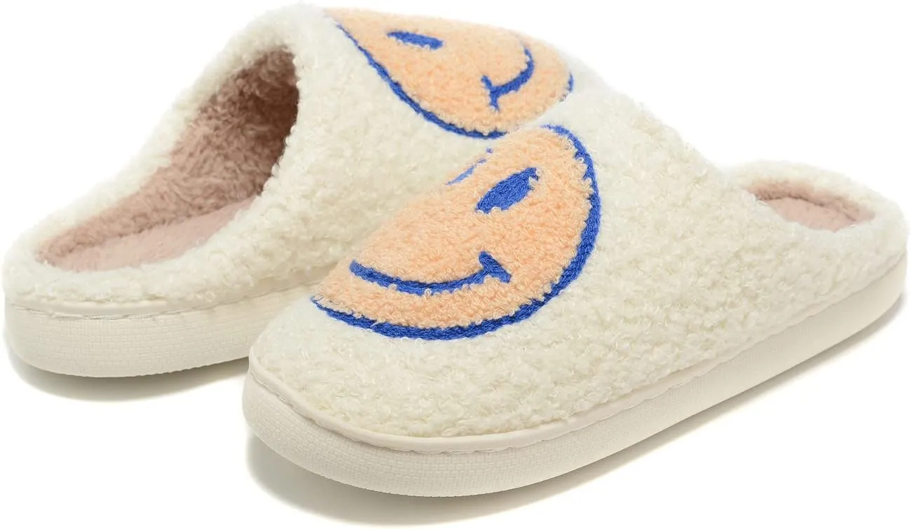 Women Men Retro Fuzzy Face Slippers Retro Soft Fluffy Warm Home Non-Slip Couple Style Casual Happy Face Slippers Soft Memory Foam Fuzzy Slides Indoor Outdoor Anti-Skid Warm Cozy Foam Slide