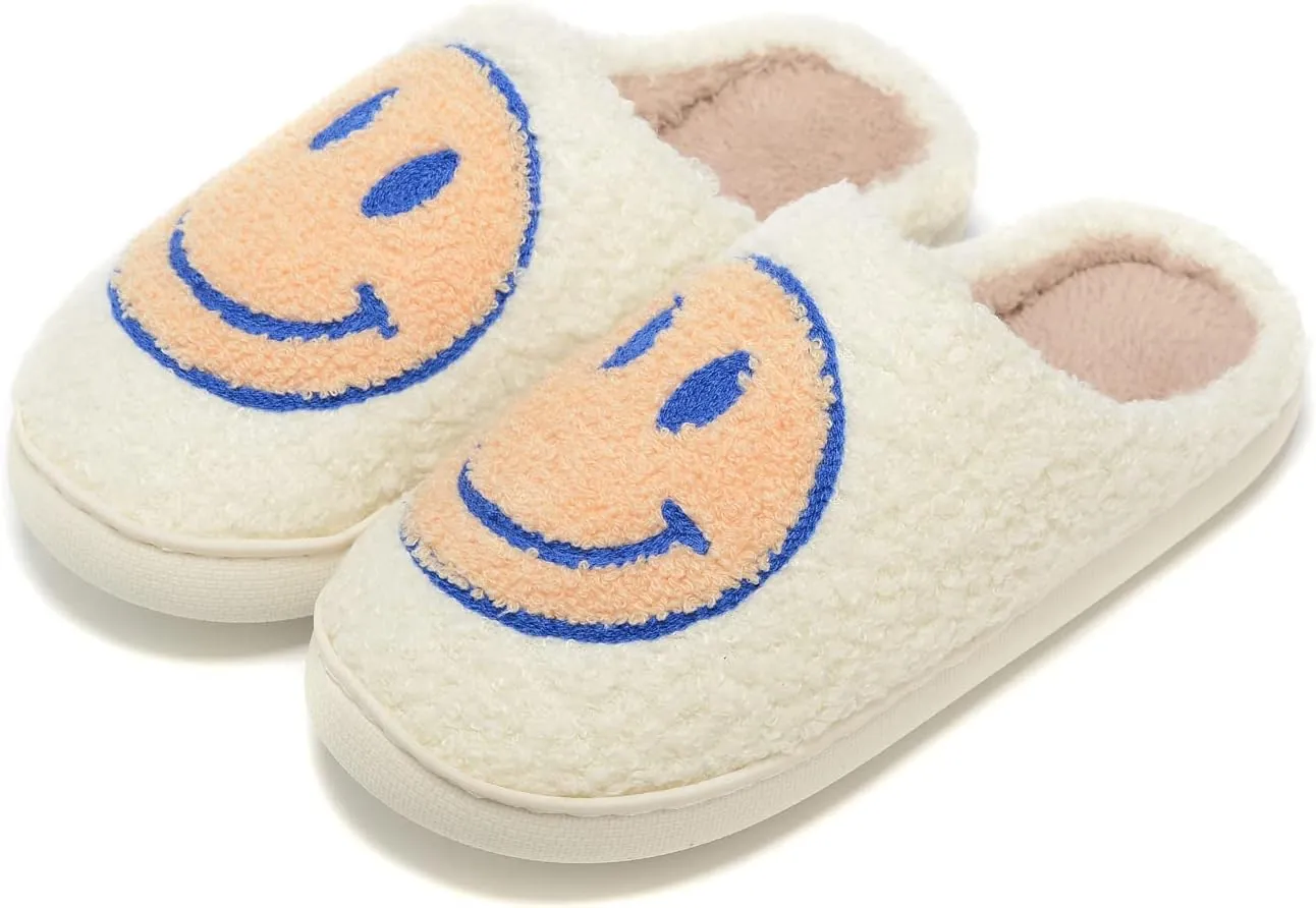 Women Men Retro Fuzzy Face Slippers Retro Soft Fluffy Warm Home Non-Slip Couple Style Casual Happy Face Slippers Soft Memory Foam Fuzzy Slides Indoor Outdoor Anti-Skid Warm Cozy Foam Slide