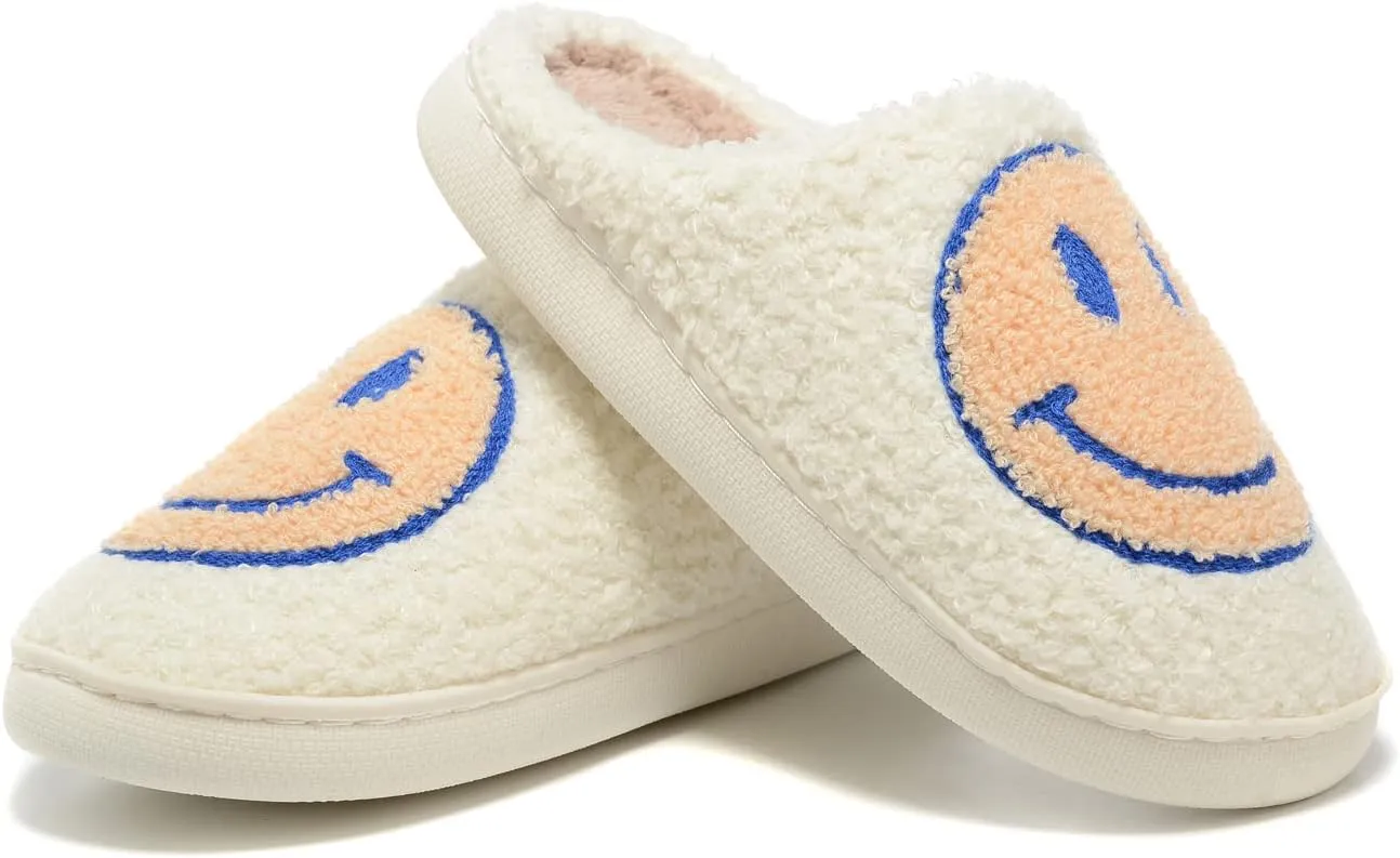 Women Men Retro Fuzzy Face Slippers Retro Soft Fluffy Warm Home Non-Slip Couple Style Casual Happy Face Slippers Soft Memory Foam Fuzzy Slides Indoor Outdoor Anti-Skid Warm Cozy Foam Slide