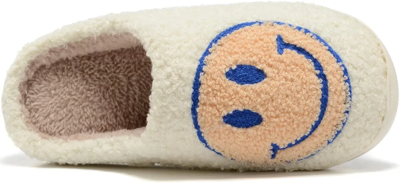 Women Men Retro Fuzzy Face Slippers Retro Soft Fluffy Warm Home Non-Slip Couple Style Casual Happy Face Slippers Soft Memory Foam Fuzzy Slides Indoor Outdoor Anti-Skid Warm Cozy Foam Slide
