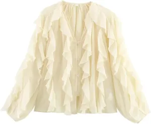 Women Ruffle Edge Layered Decoration V-Neck Long Sleeved Shirt Solid Single Breasted Lightweight Top
