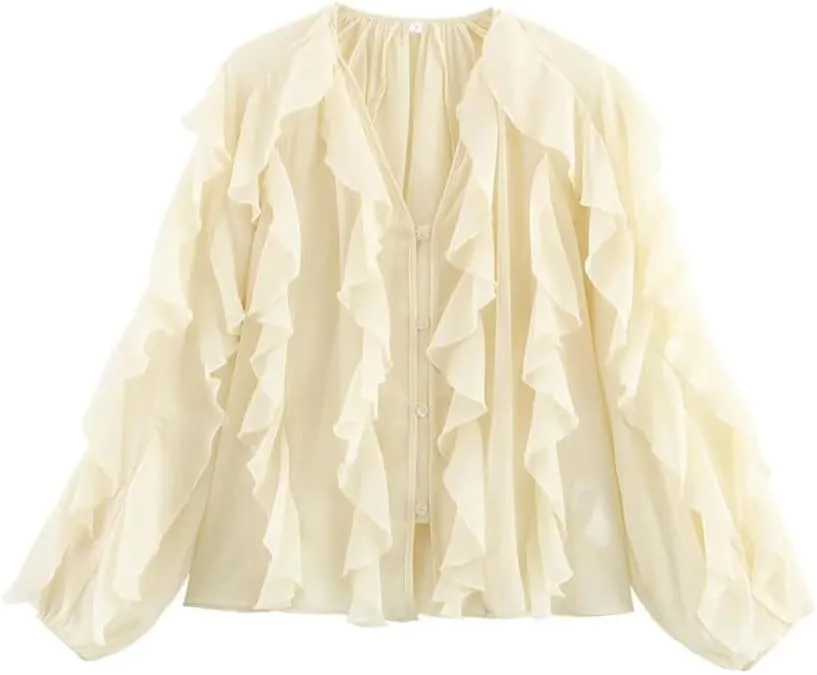 Women Ruffle Edge Layered Decoration V-Neck Long Sleeved Shirt Solid Single Breasted Lightweight Top