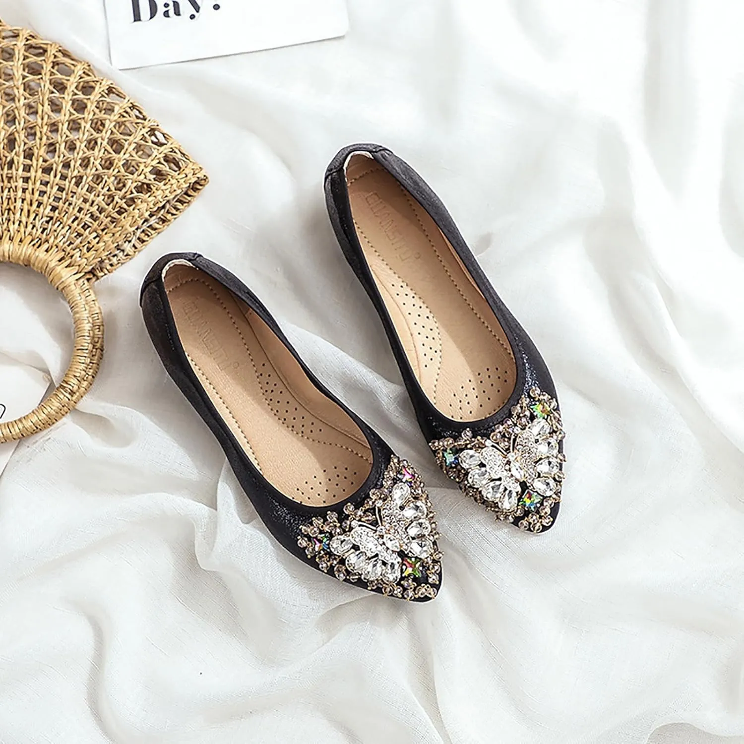 Women's Ballet Flats Rhinestones Wedding Ballerina Shoes Foldable Sparkly Comfort Slip on Flat Shoes