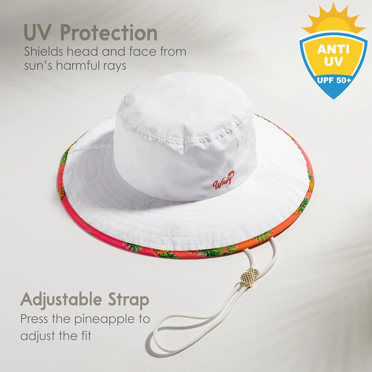 Women’s Beach Hat with Wide Brim Packable for Travel, UV Protection UPF50  Tropical Summer Hat Pineapple Cord Lock Bucket Hat