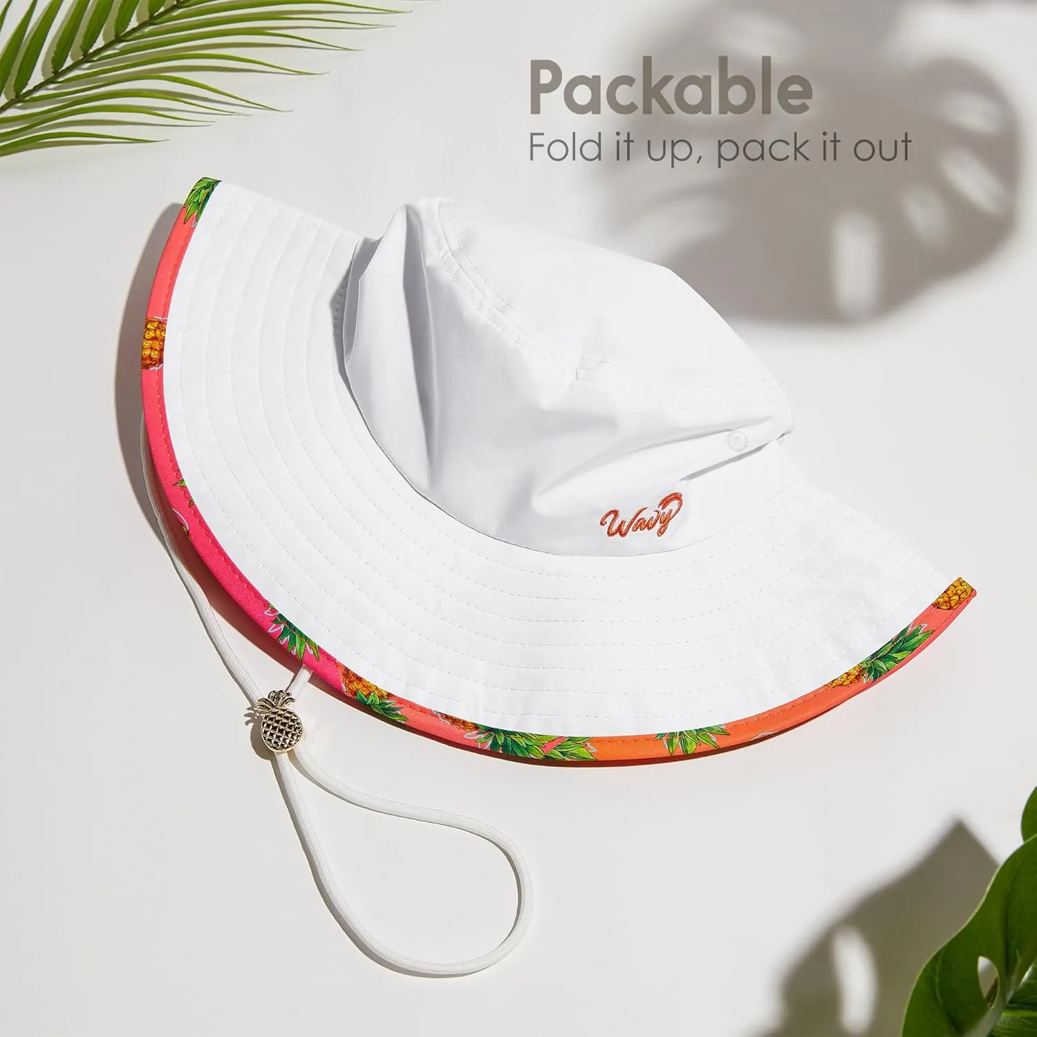 Women’s Beach Hat with Wide Brim Packable for Travel, UV Protection UPF50  Tropical Summer Hat Pineapple Cord Lock Bucket Hat