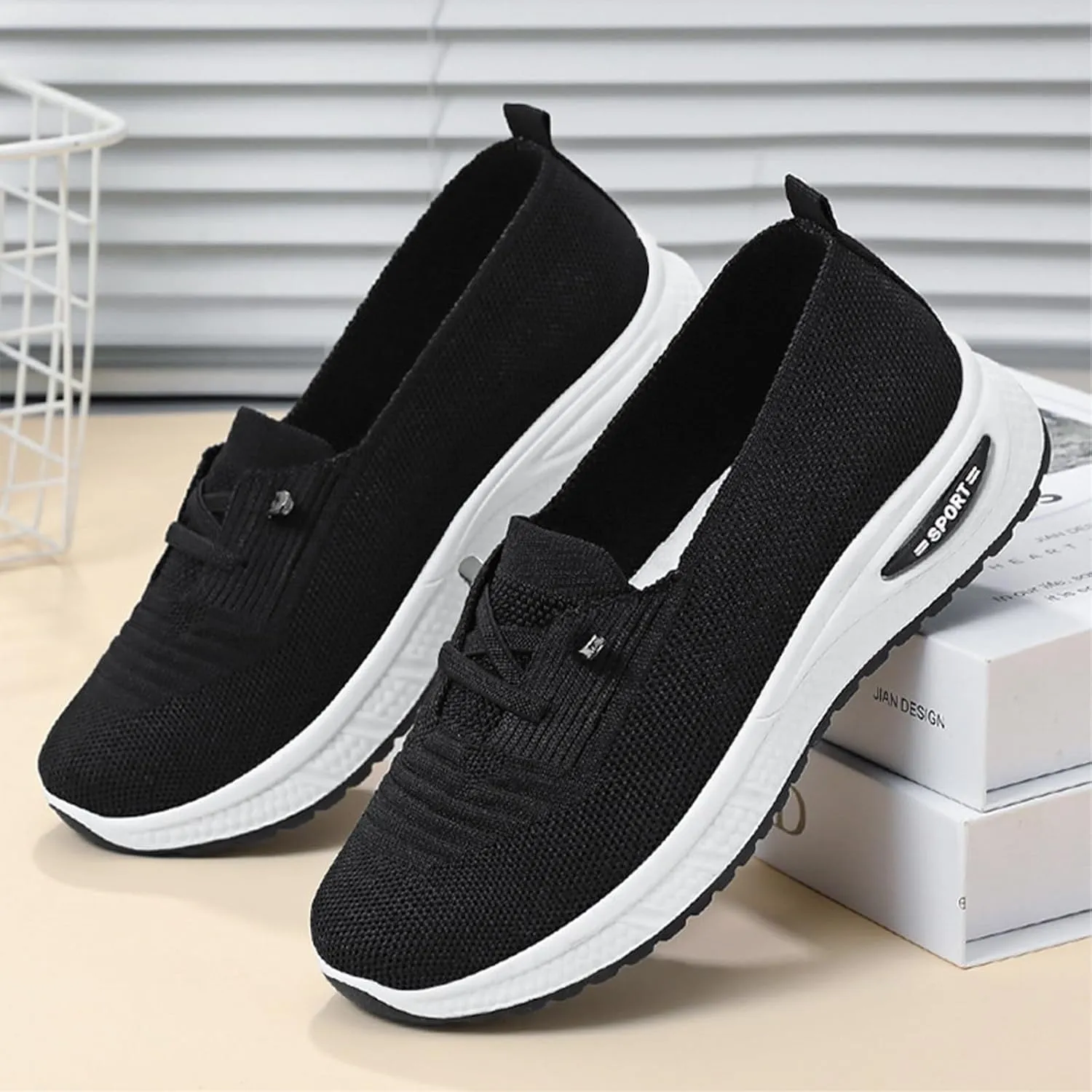 Women's Breathable Knitted Mesh Slip-On Loafers Lace Up Lightweight Orthopedic Low Top Soft Sole Sneakers Platform Non-Slip Outdoor Sport Tennis Shoes