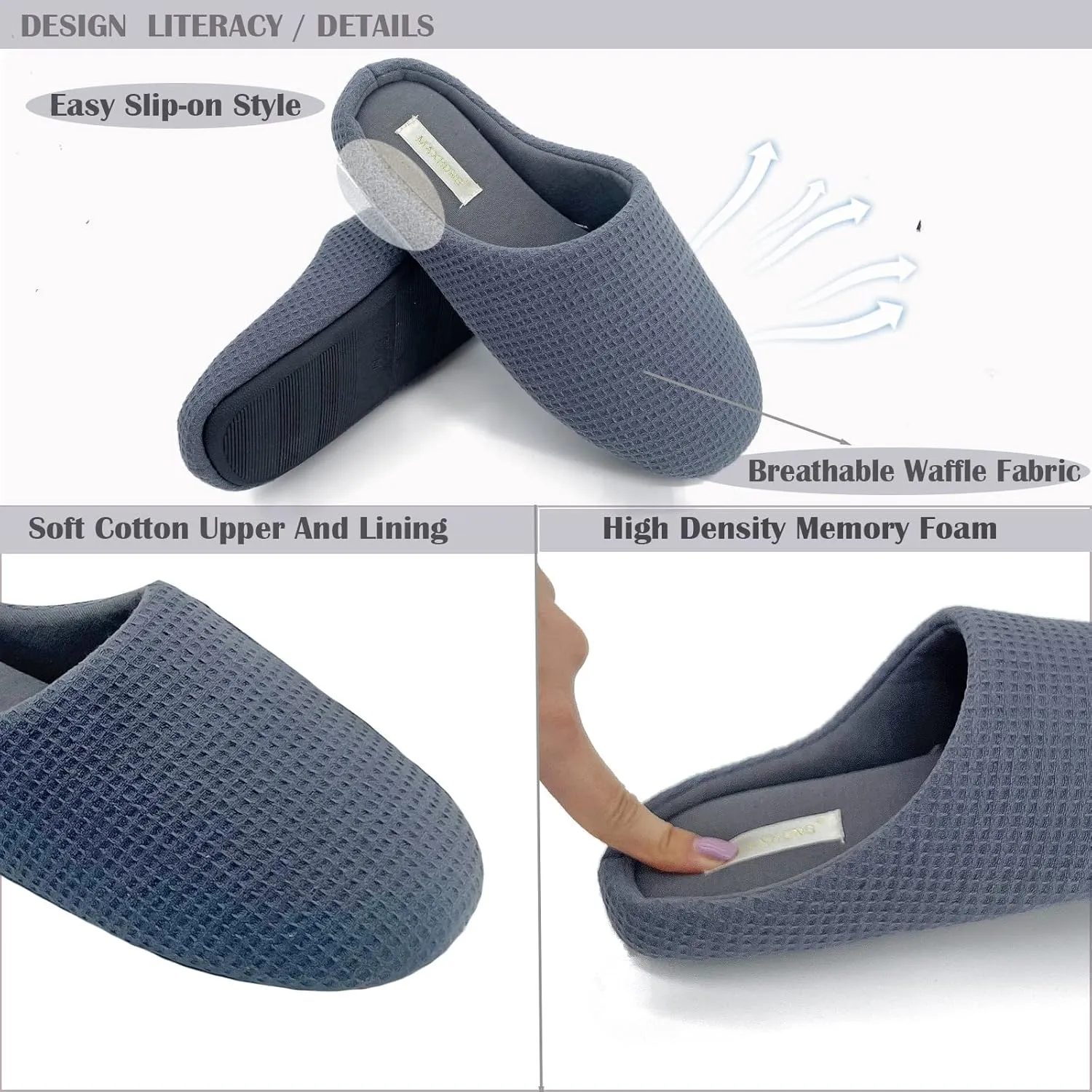 Womens Cotton Lightweight House Slippers With Memory Foam, Washable & Cozy Slip On