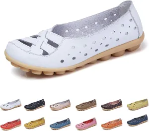 Women's Cowhide Leather Shoes Loafers Flats Sandals Slip-On Cutout Orthopedic Breathable Comfortable Hollow Soft Summer Casual Leather, Loafer Fashion Slip On Walking Round Toe Nurse Driving Shoes