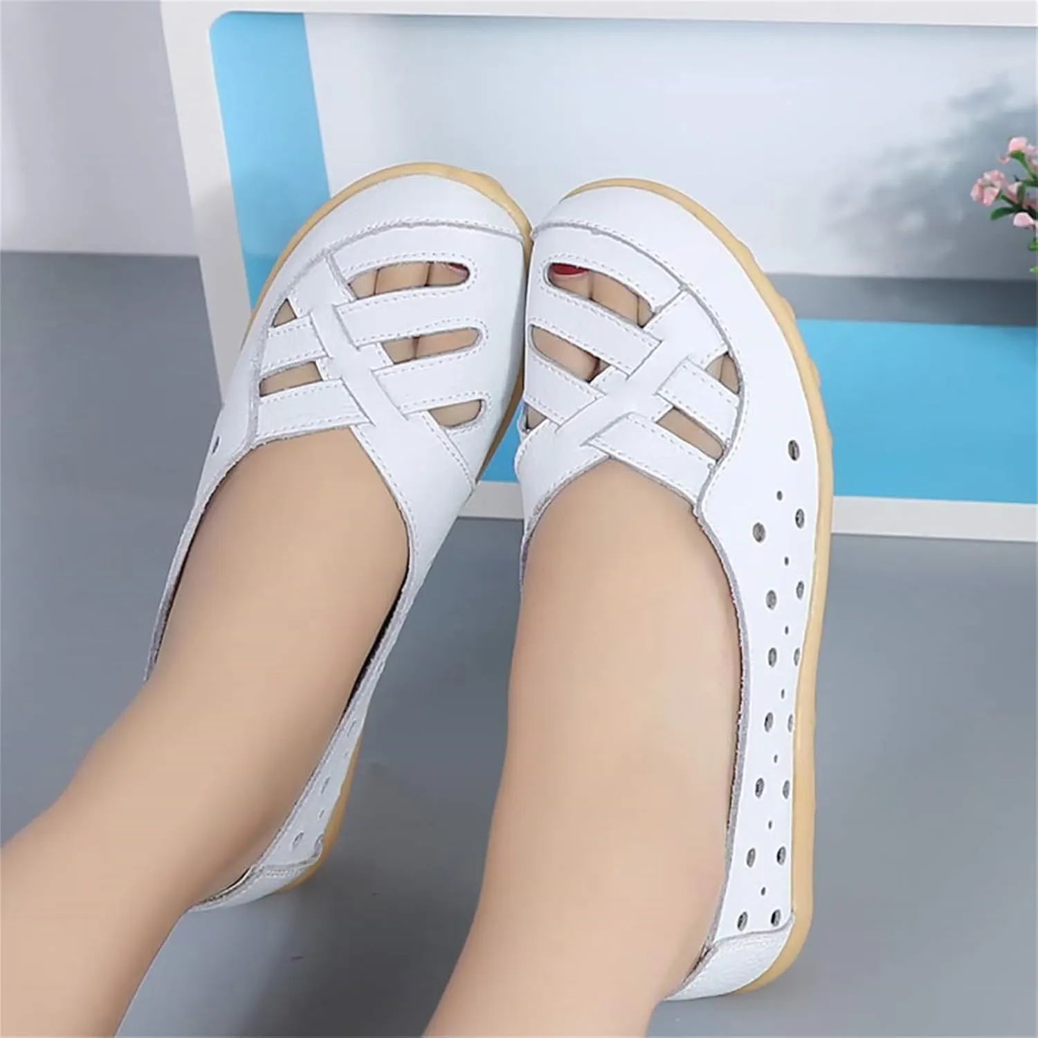 Women's Cowhide Leather Shoes Loafers Flats Sandals Slip-On Cutout Orthopedic Breathable Comfortable Hollow Soft Summer Casual Leather, Loafer Fashion Slip On Walking Round Toe Nurse Driving Shoes