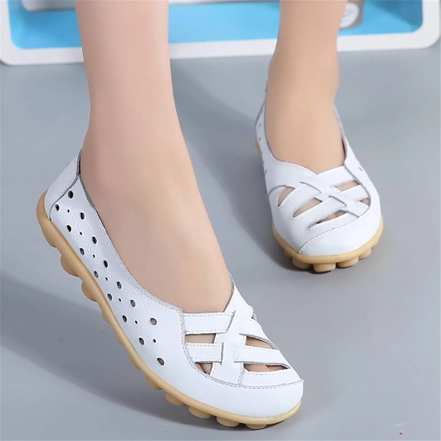 Women's Cowhide Leather Shoes Loafers Flats Sandals Slip-On Cutout Orthopedic Breathable Comfortable Hollow Soft Summer Casual Leather, Loafer Fashion Slip On Walking Round Toe Nurse Driving Shoes