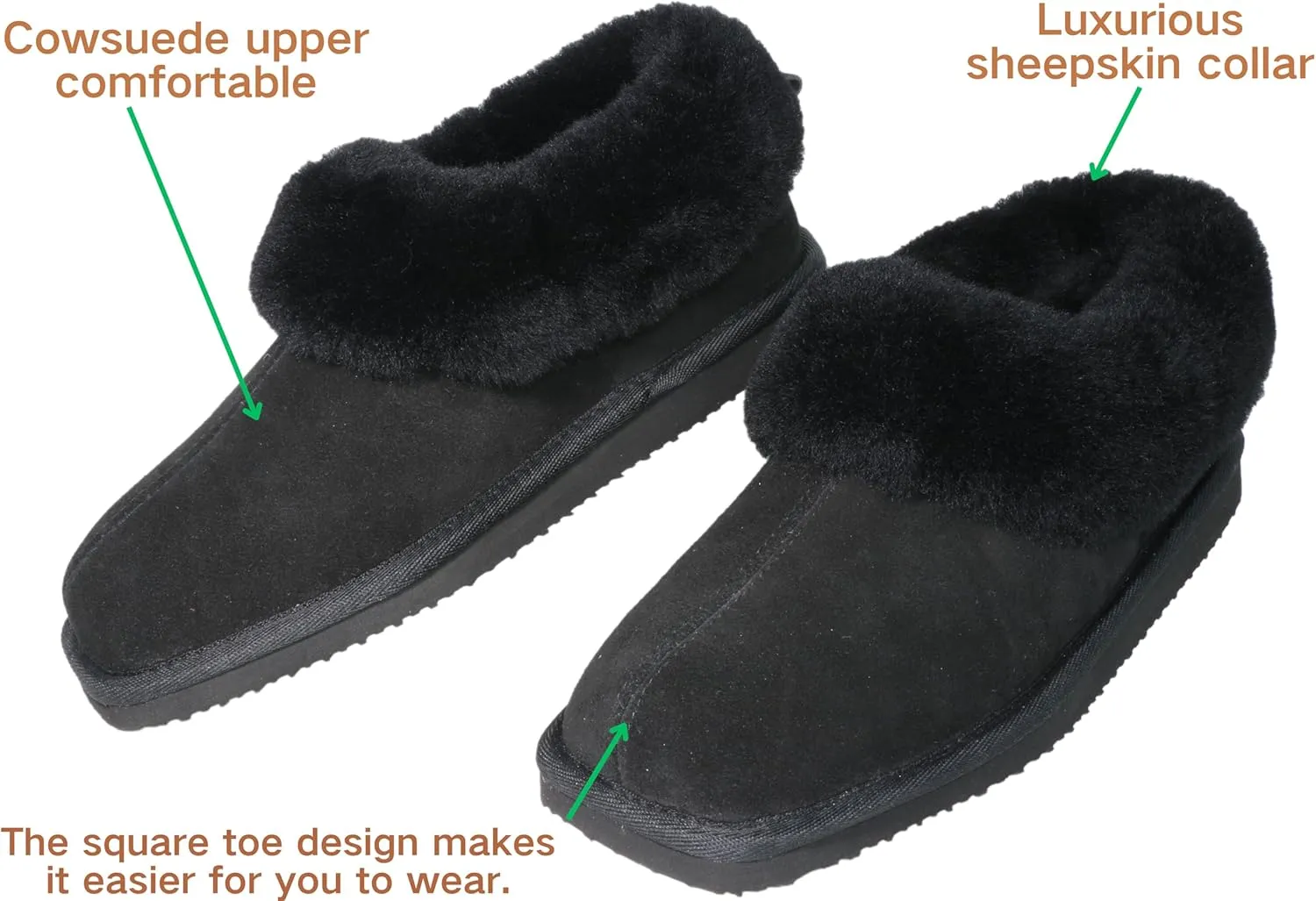 Women's Genuine Suede Uppers Square Toe Boot Slippers Ankel Booties with Sheepskin Collar Memory Foam Warm Comfy Fuzzy Shoes for Indoor Outdoor Winter
