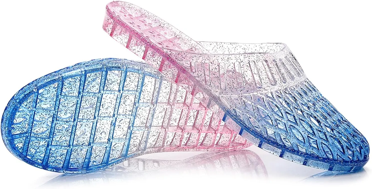 Womens Jelly Shoes, White Jellies Sandals Glitter Clear Flats Slip On Summer Beach Slippers Transparent Closed Toe Soft Slide