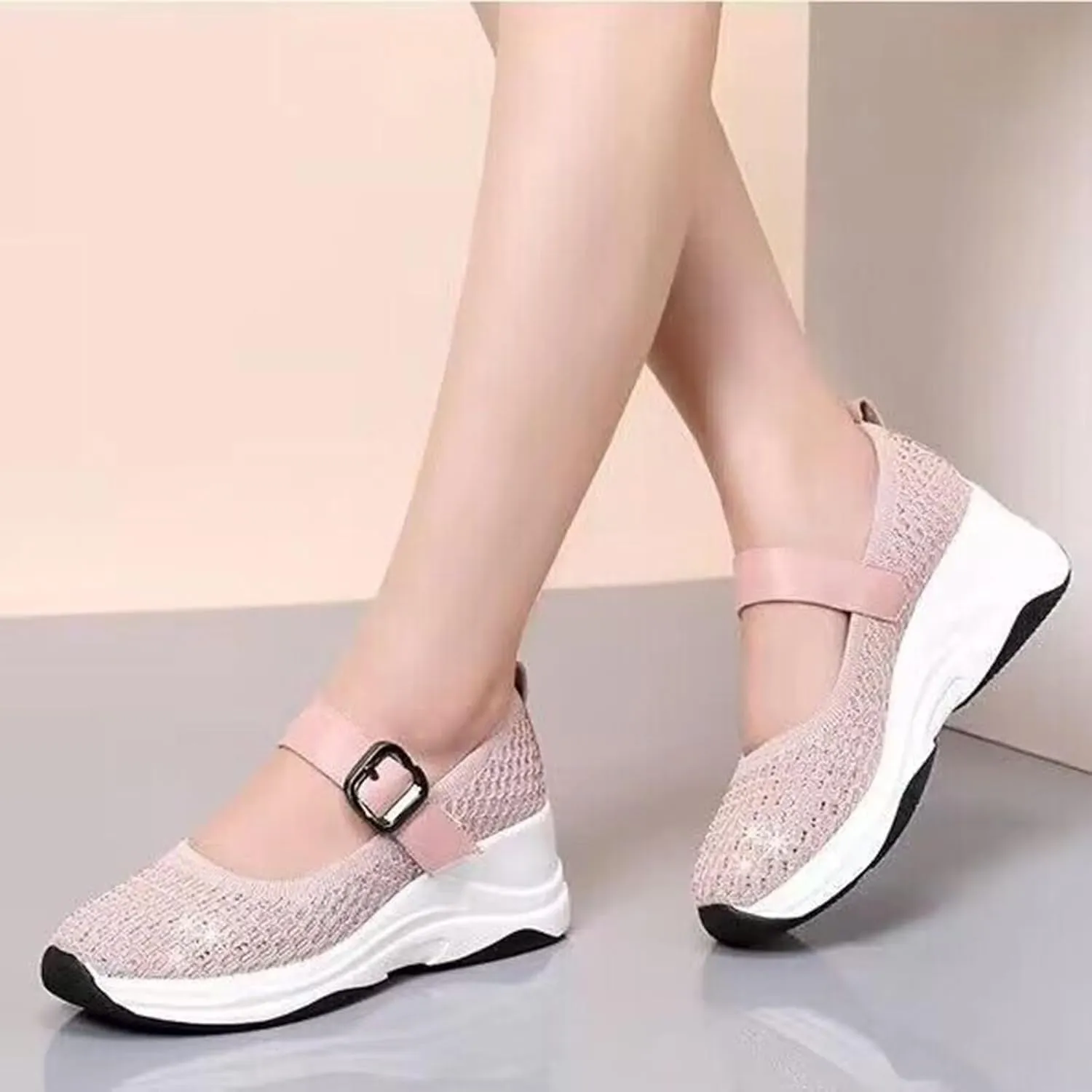 Women's Knitting Rhinestones Wedge Orthopedic Mary Jane Walking Shoes Comfor Breathable Slip-On Adjustable Hook Loop Platform Non-Slip Increase Height Casual Walking Shoes