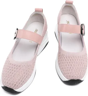Women's Knitting Rhinestones Wedge Orthopedic Mary Jane Walking Shoes Comfor Breathable Slip-On Adjustable Hook Loop Platform Non-Slip Increase Height Casual Walking Shoes