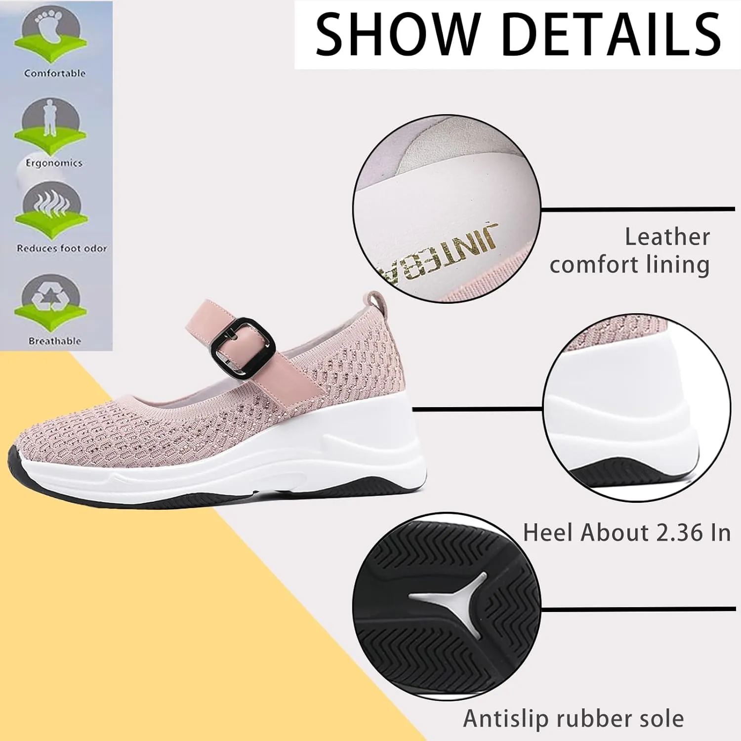 Women's Knitting Rhinestones Wedge Orthopedic Mary Jane Walking Shoes Comfor Breathable Slip-On Adjustable Hook Loop Platform Non-Slip Increase Height Casual Walking Shoes