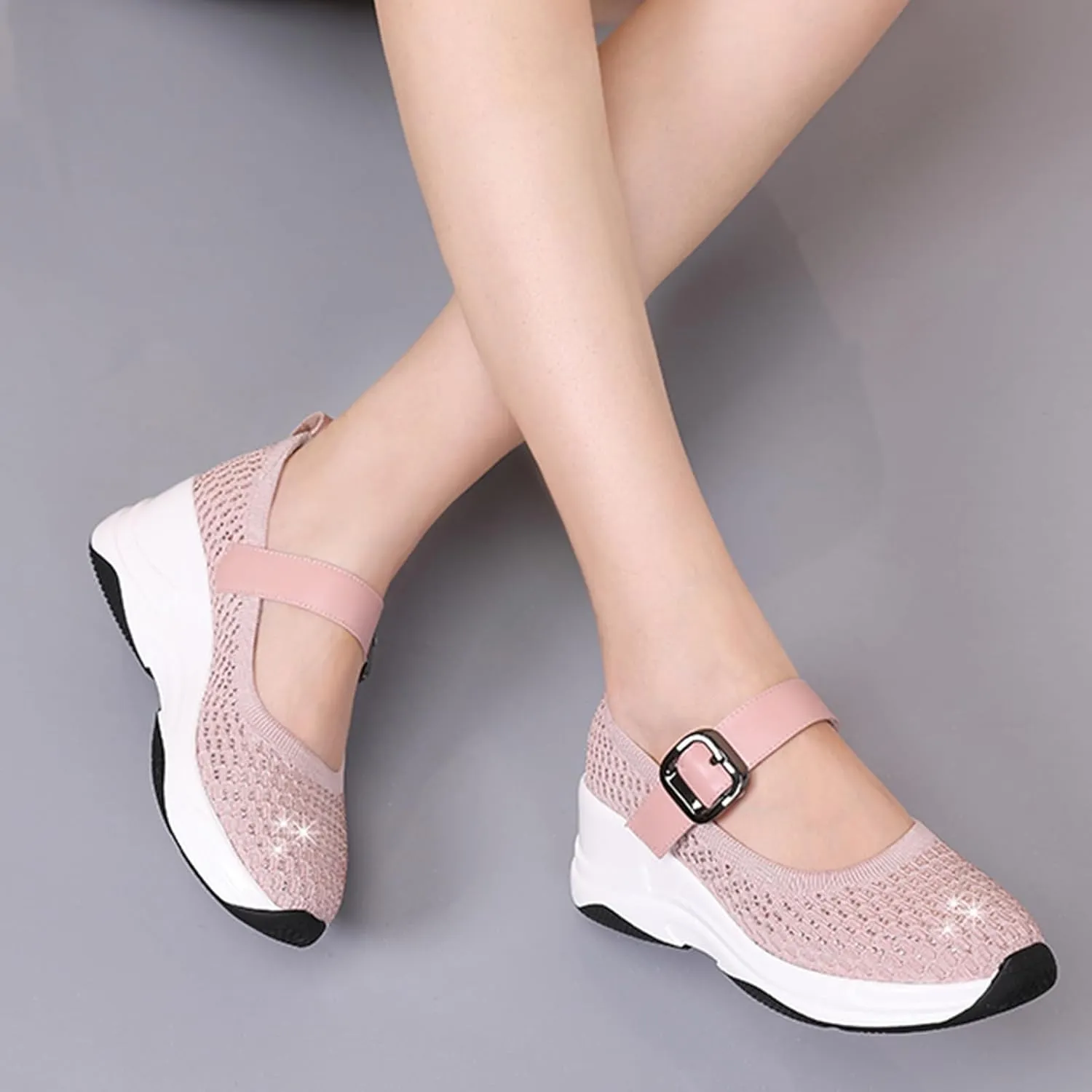 Women's Knitting Rhinestones Wedge Orthopedic Mary Jane Walking Shoes Comfor Breathable Slip-On Adjustable Hook Loop Platform Non-Slip Increase Height Casual Walking Shoes