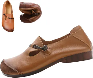 Women's Leather Slip On Flats Dress Shoes,Vintage Lightweight Comfort Non-Slip Oxford Soft Sole Frog Casual Loafers