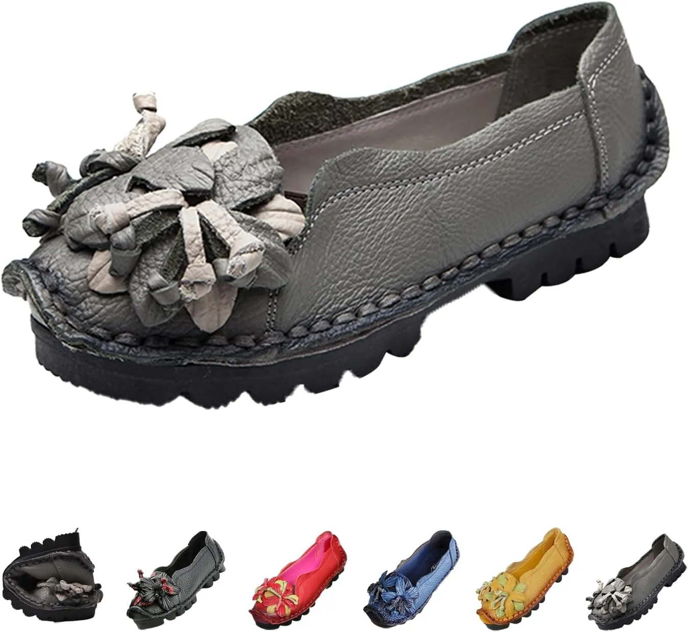 Women's Leather Slip On Loafers,Vintage Handmade Flower Comfy Soft Non-Slip Muffin Platform Walking Casual Dress Pumps