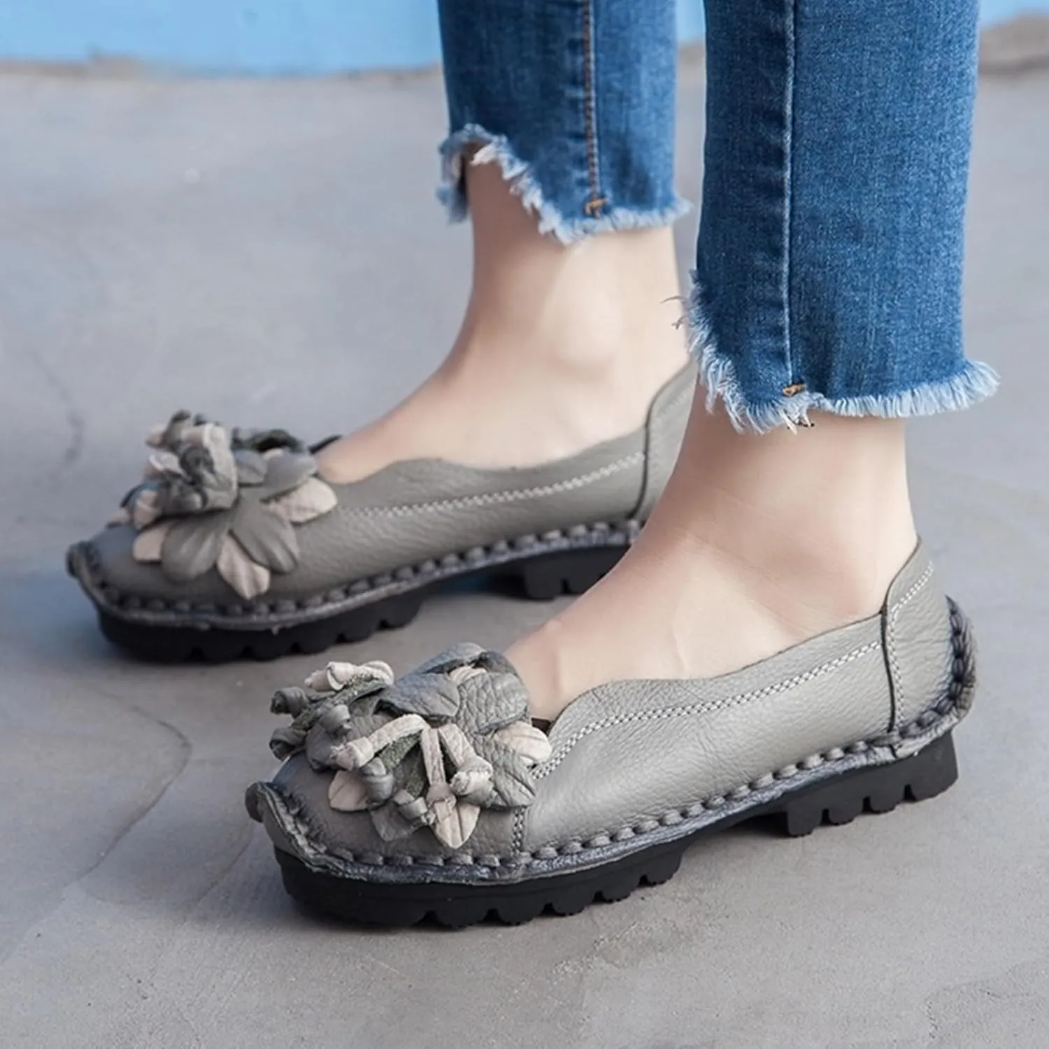 Women's Leather Slip On Loafers,Vintage Handmade Flower Comfy Soft Non-Slip Muffin Platform Walking Casual Dress Pumps