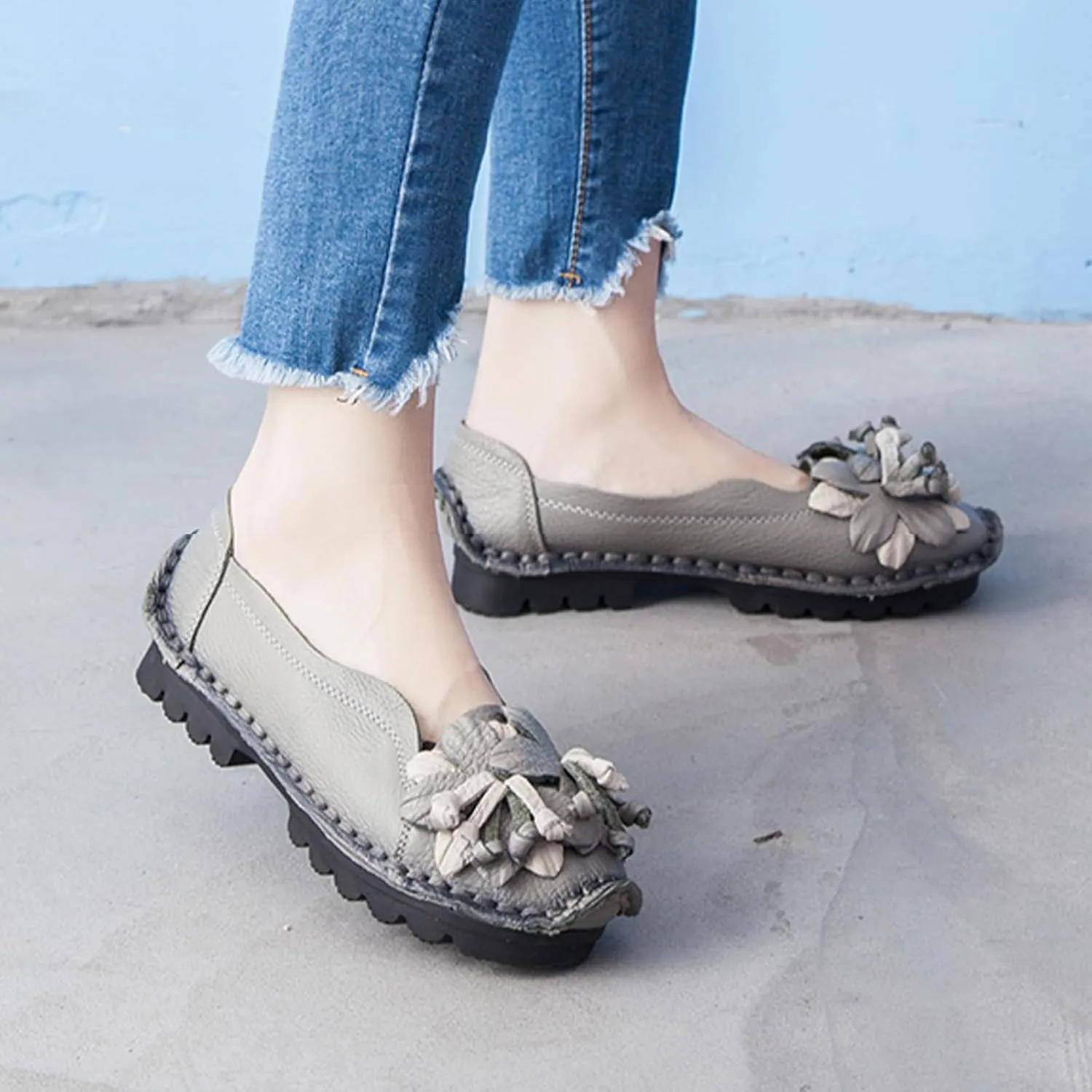 Women's Leather Slip On Loafers,Vintage Handmade Flower Comfy Soft Non-Slip Muffin Platform Walking Casual Dress Pumps