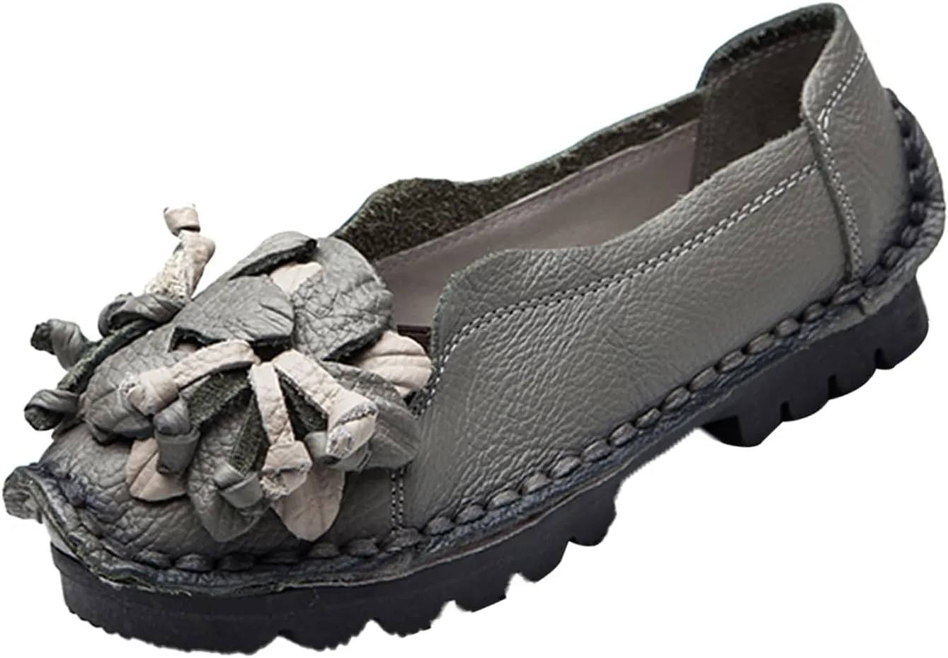 Women's Leather Slip On Loafers,Vintage Handmade Flower Comfy Soft Non-Slip Muffin Platform Walking Casual Dress Pumps
